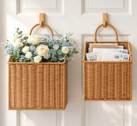Quincry two-pack woven baskets for front door add rustic charm and storage.