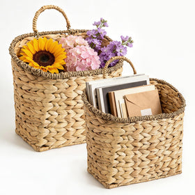 Quincry set of 2 woven hanging baskets in water hyacinth for versatile storage.