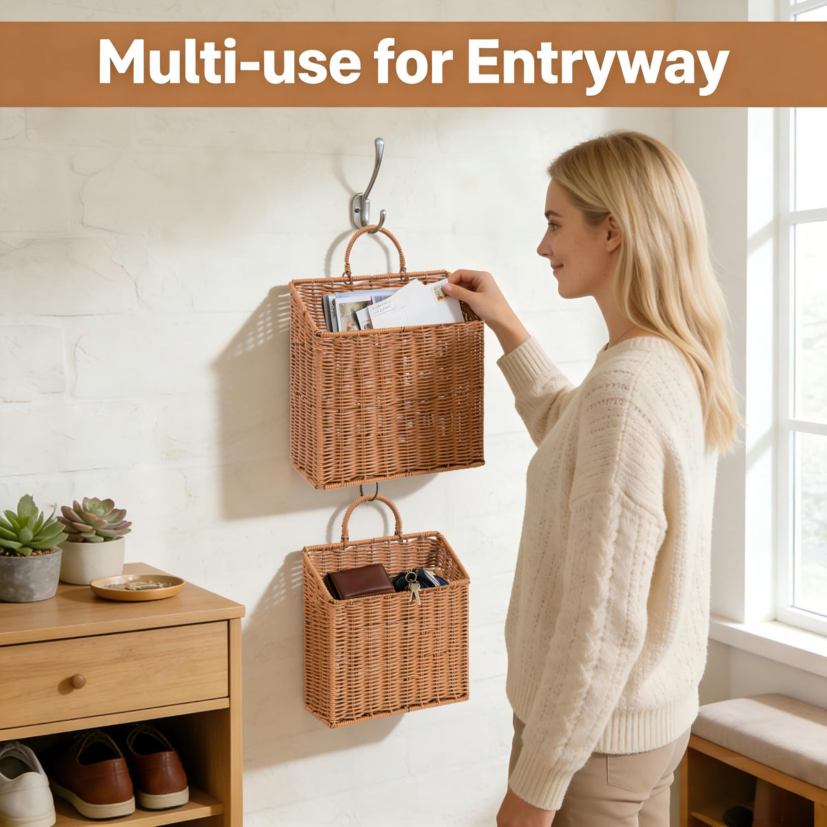 Quincry versatile basket holds dried flowers, wall art, or door decor.