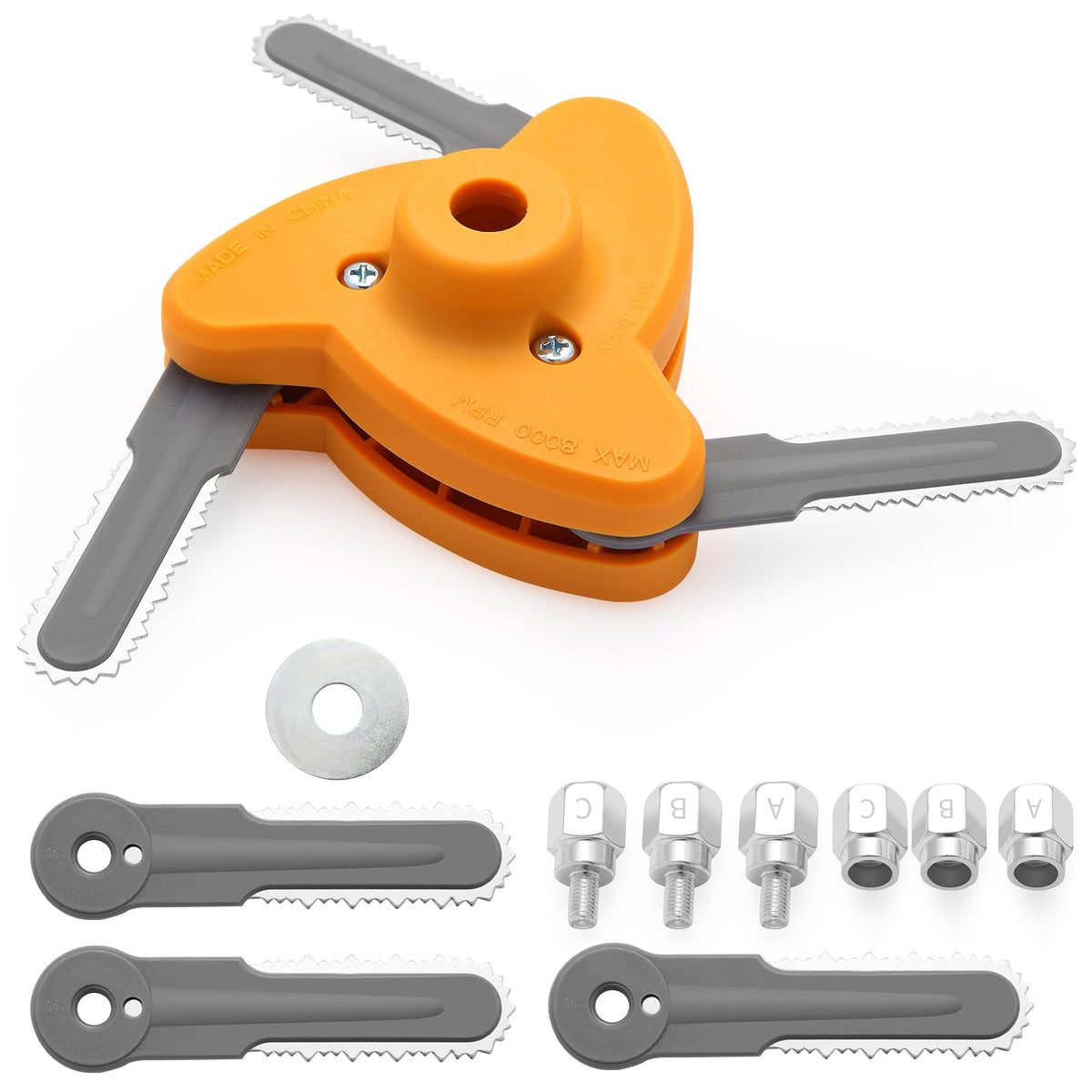 Quintillus H01 bladed trimmer head front view showing three blades for tough weeds.