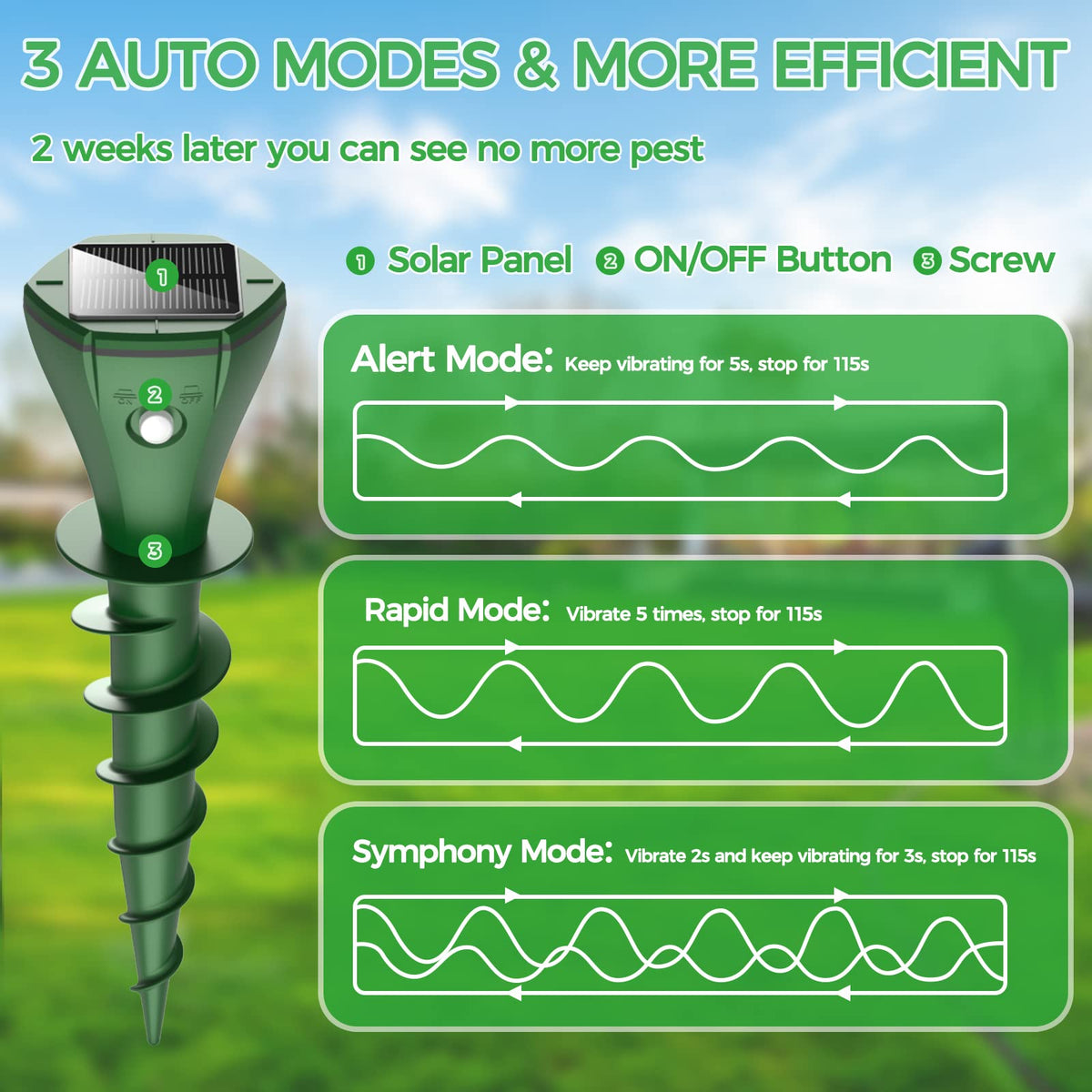 QULEM Mole Repellent ground installation demonstrating quick screw-in setup outdoors.