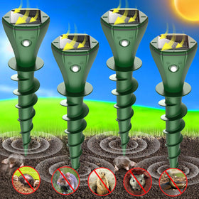 QULEM Mole Repellent Solar-Powered 4-pack on packaging, showing complete yard protection.