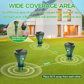 QULEM Solar-Powered Mole Repellent with IP65 waterproof design resisting rain and snow.