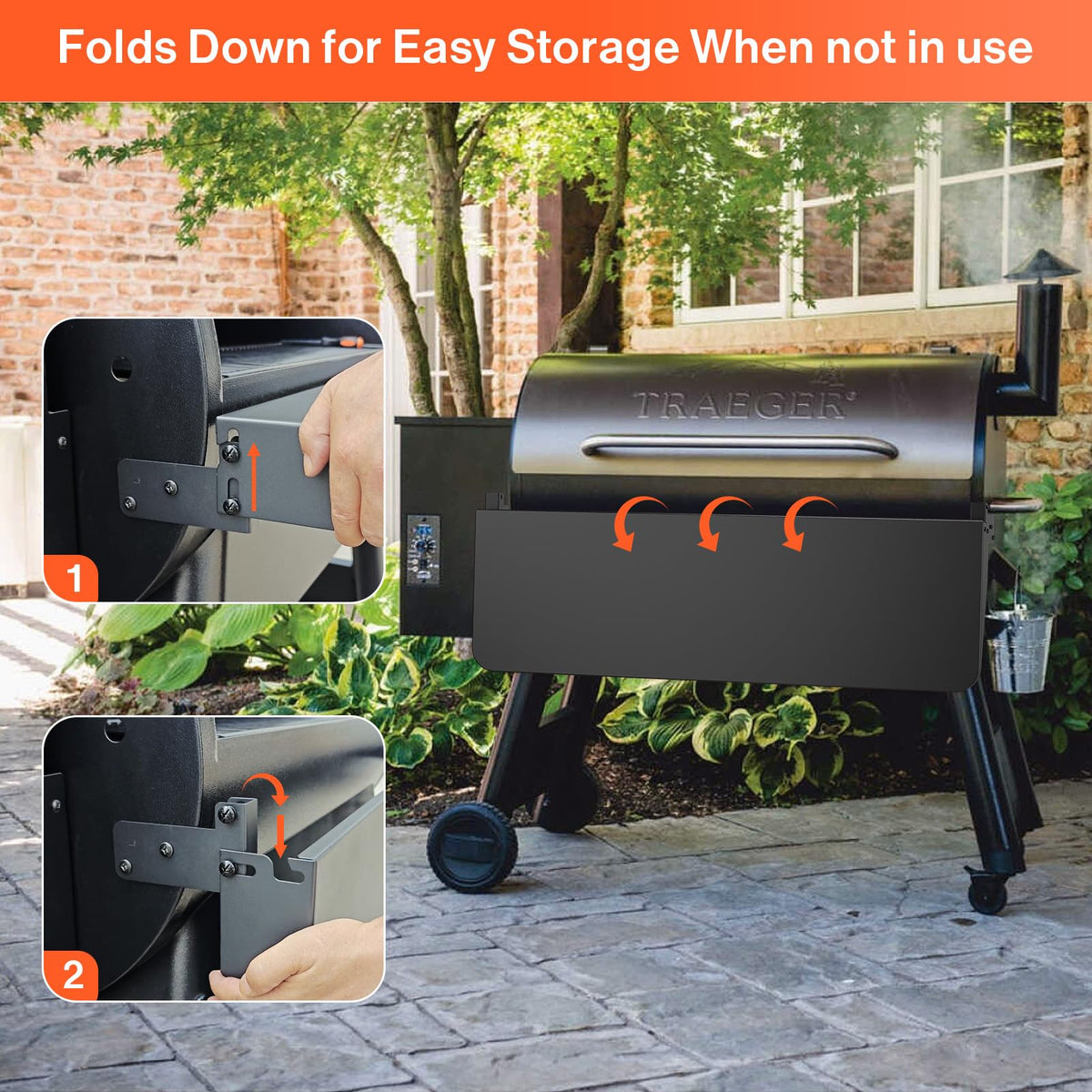 BAC363 shelf folded flat for compact storage beside the grill
