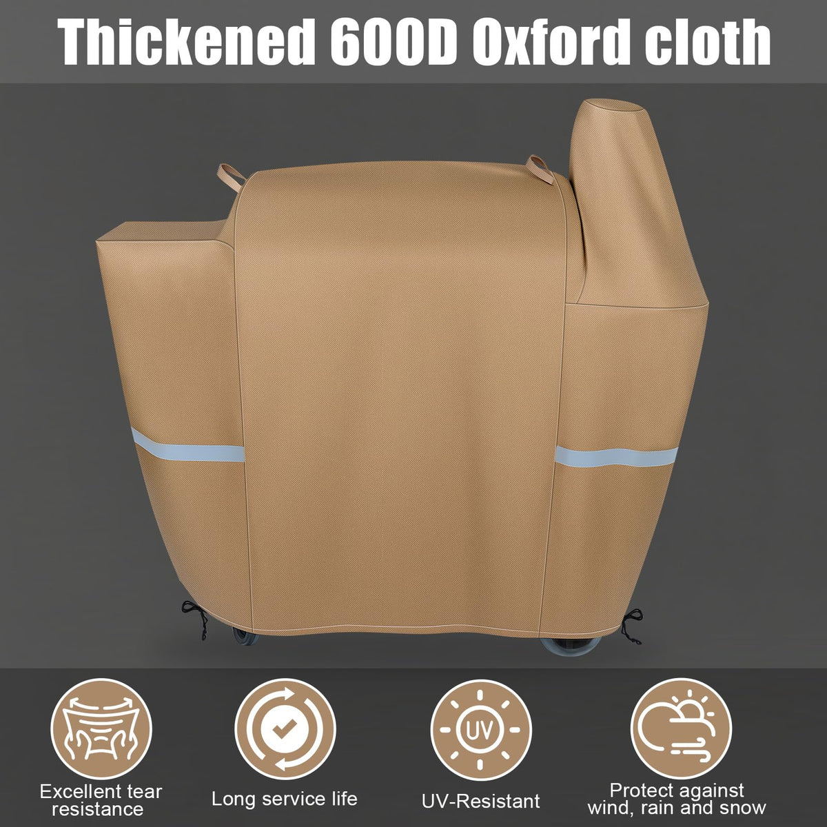Adjustable straps secure the QuliMetal cover tightly to the grill during windy conditions.