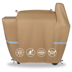 QuliMetal grill cover on Pit Boss and Z Grill shows fit across 820/850 and 700-series models for weather protection.