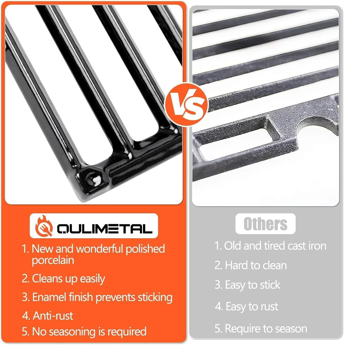 QuliMetal cast-iron grate with strong heat retention for juicy results.