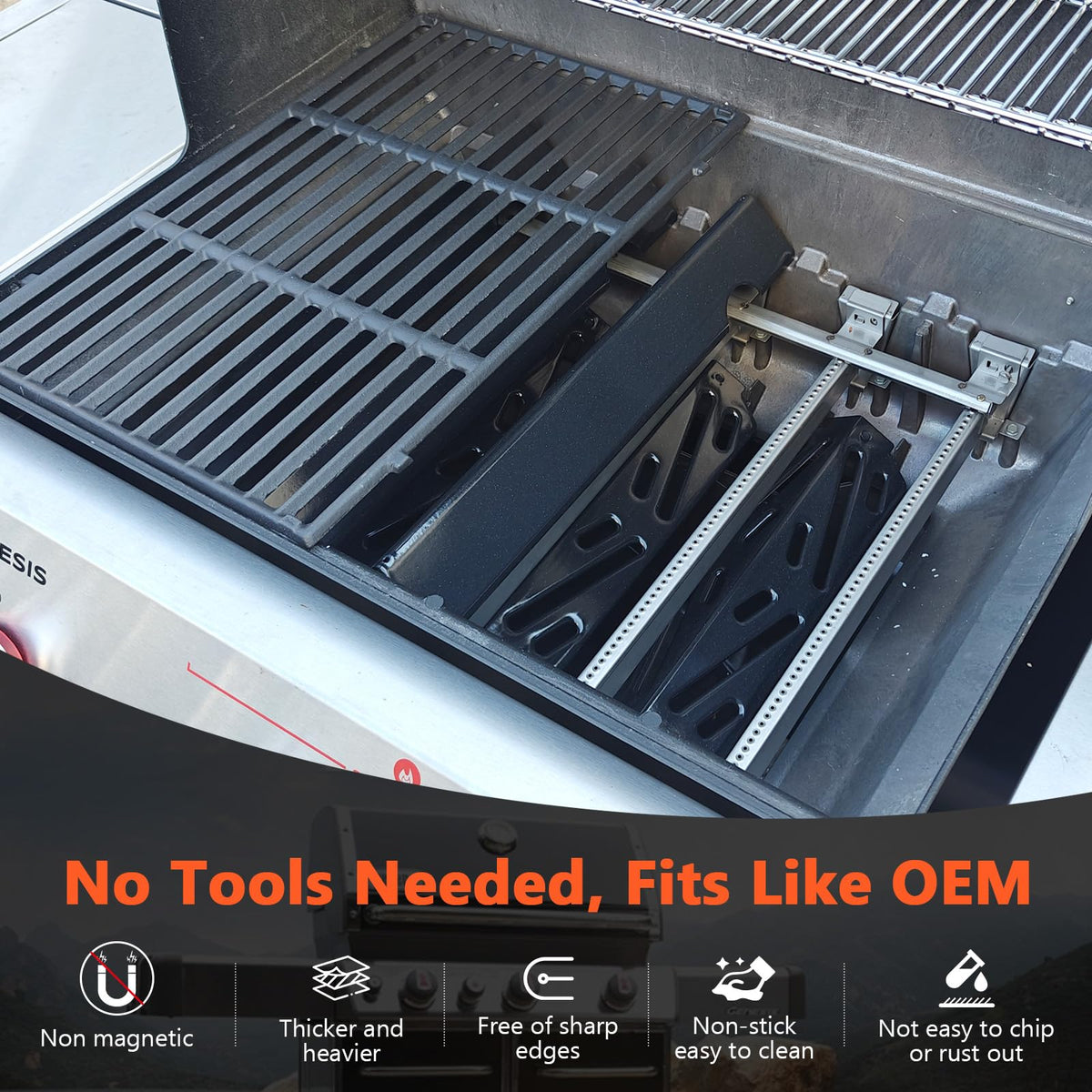 QuliMetal porcelain heat deflectors protect burners and promote even heat distribution.