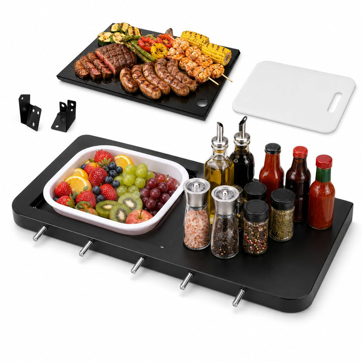 QuliMetal 3-in-1 front shelf with cutting board and wash basin expands prep space for grilling.