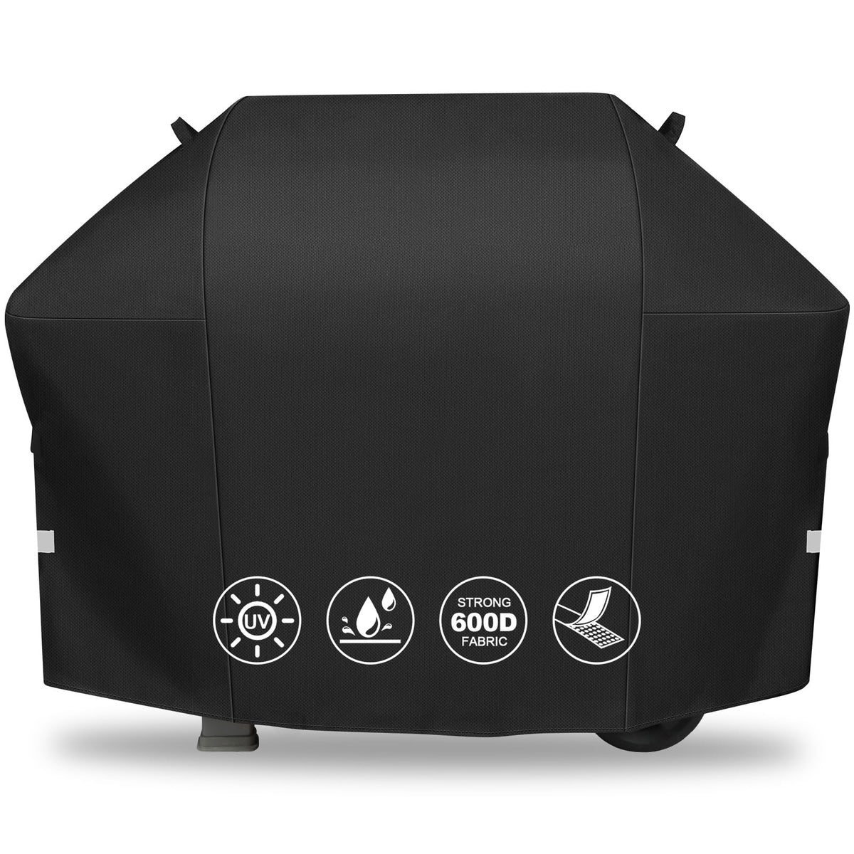 QuliMetal 58-inch grill cover on Weber Genesis grill showing protective fit and weatherproof design