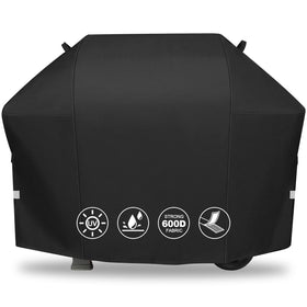 QuliMetal 58-inch grill cover on Weber Genesis grill showing protective fit and weatherproof design