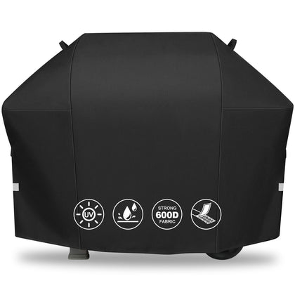 QuliMetal 58-inch grill cover on Weber Genesis grill showing protective fit and weatherproof design