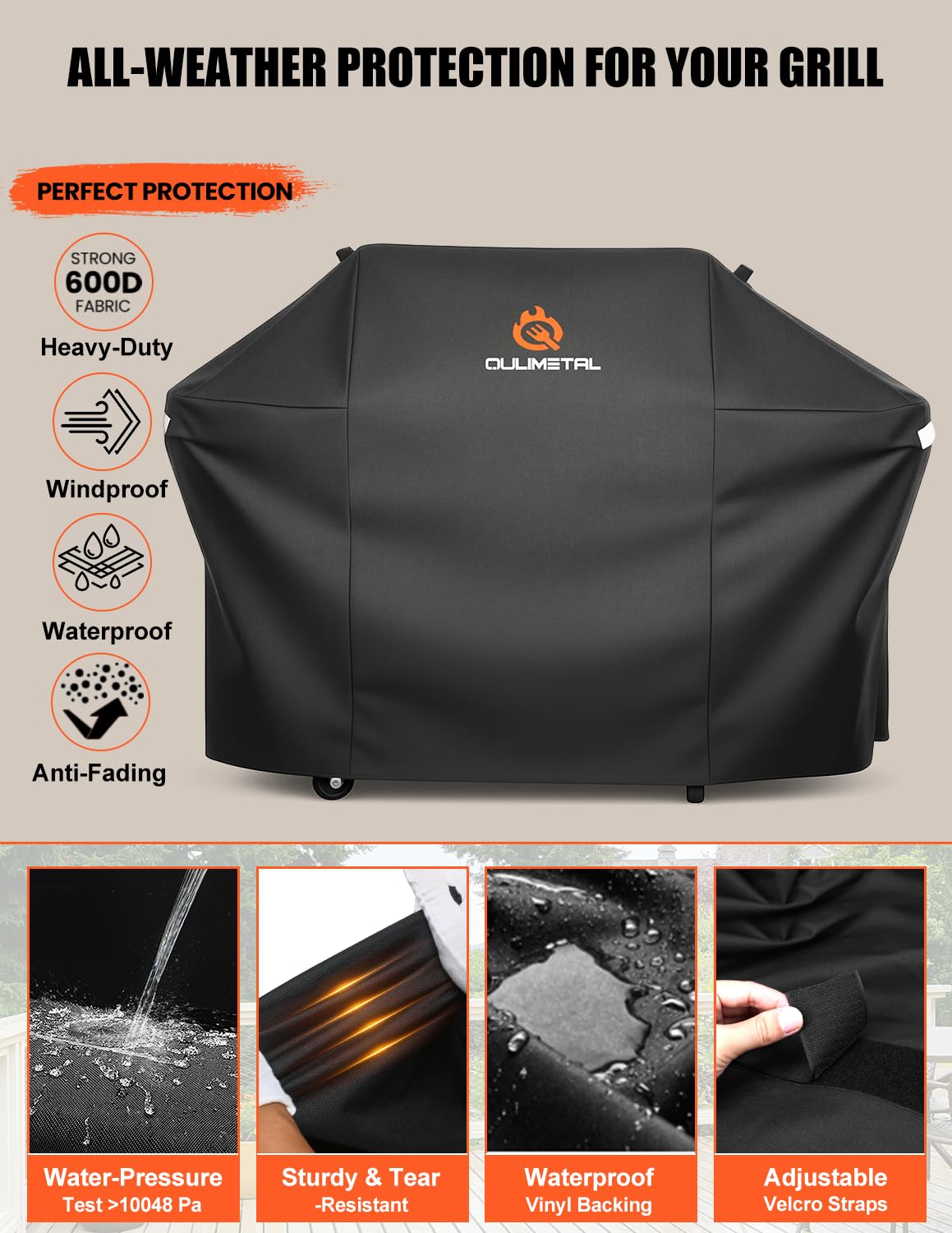 QuliMetal 65-inch grill cover shows side-shelf zipper for a snug fit
