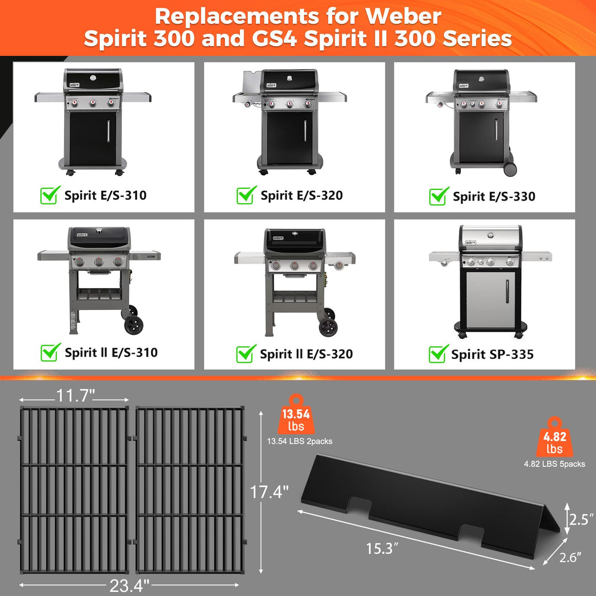 QuliMetal 7638 grates fit Spirit II models for consistent searing results.