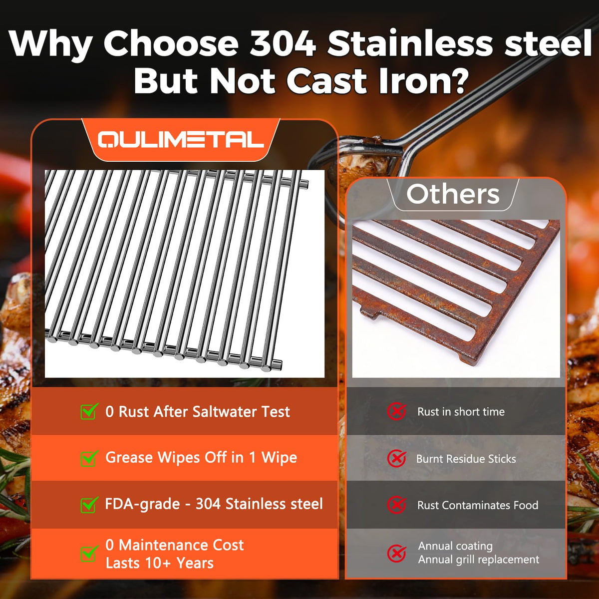 Durable 7mm rod grate design maintains shape under high heat