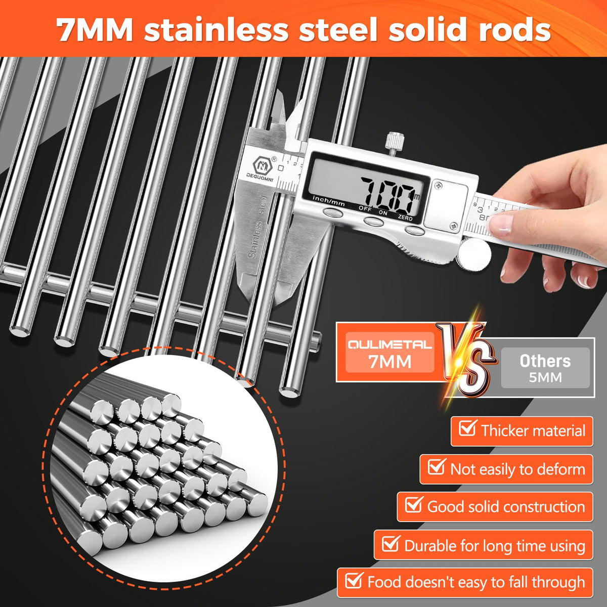 QuliMetal stainless steel construction for durable, rust-resistant grilling.