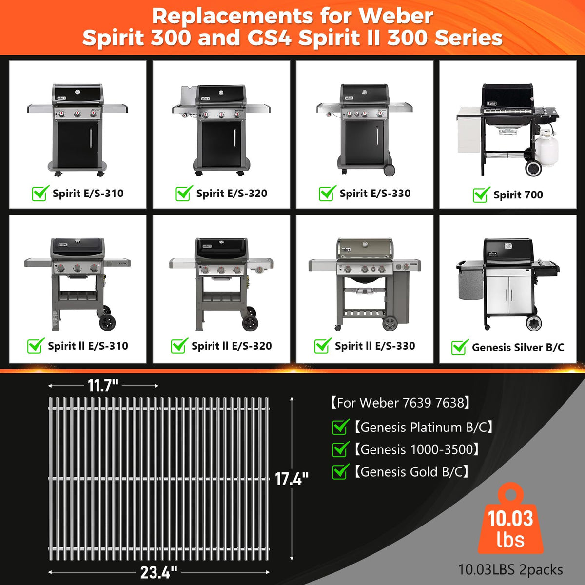 QuliMetal Weber Spirit II 300-series grates fitment for quick replacement.