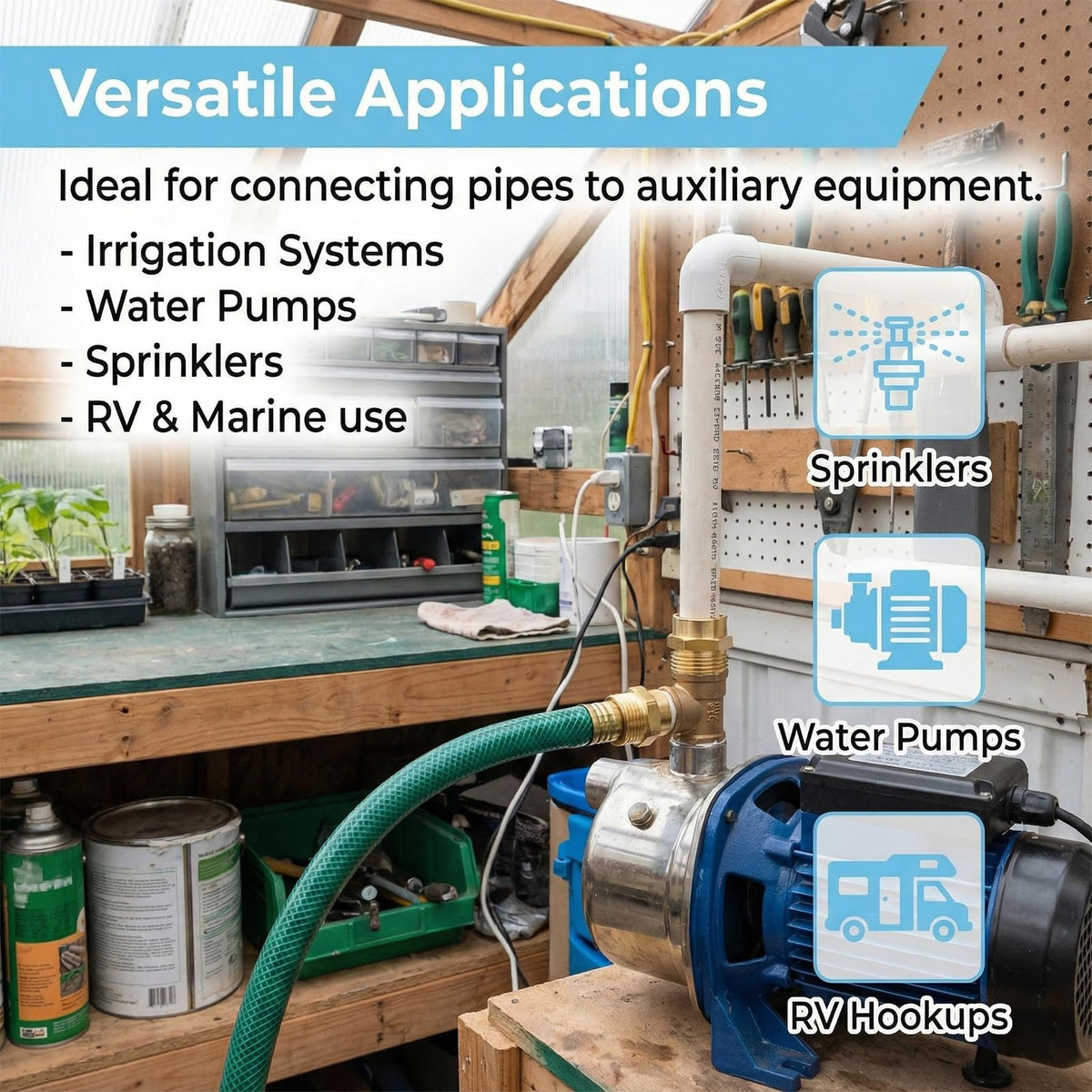 Versatile fittings for sprinklers, hoses, and irrigation systems.