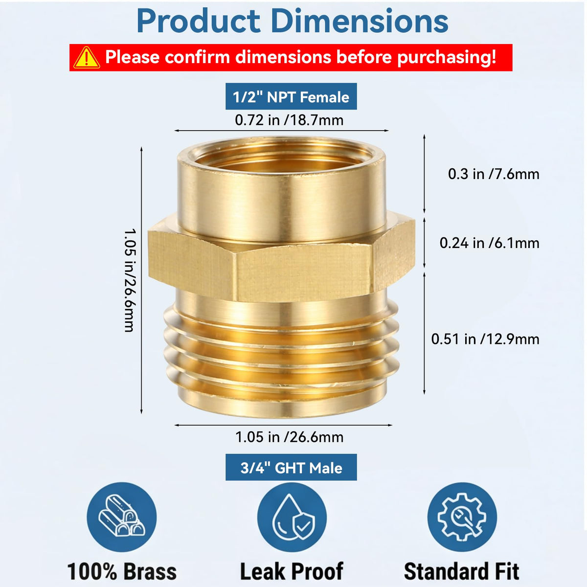 Qulkws brass adapter close-up highlighting corrosion-resistant material for outdoor use.