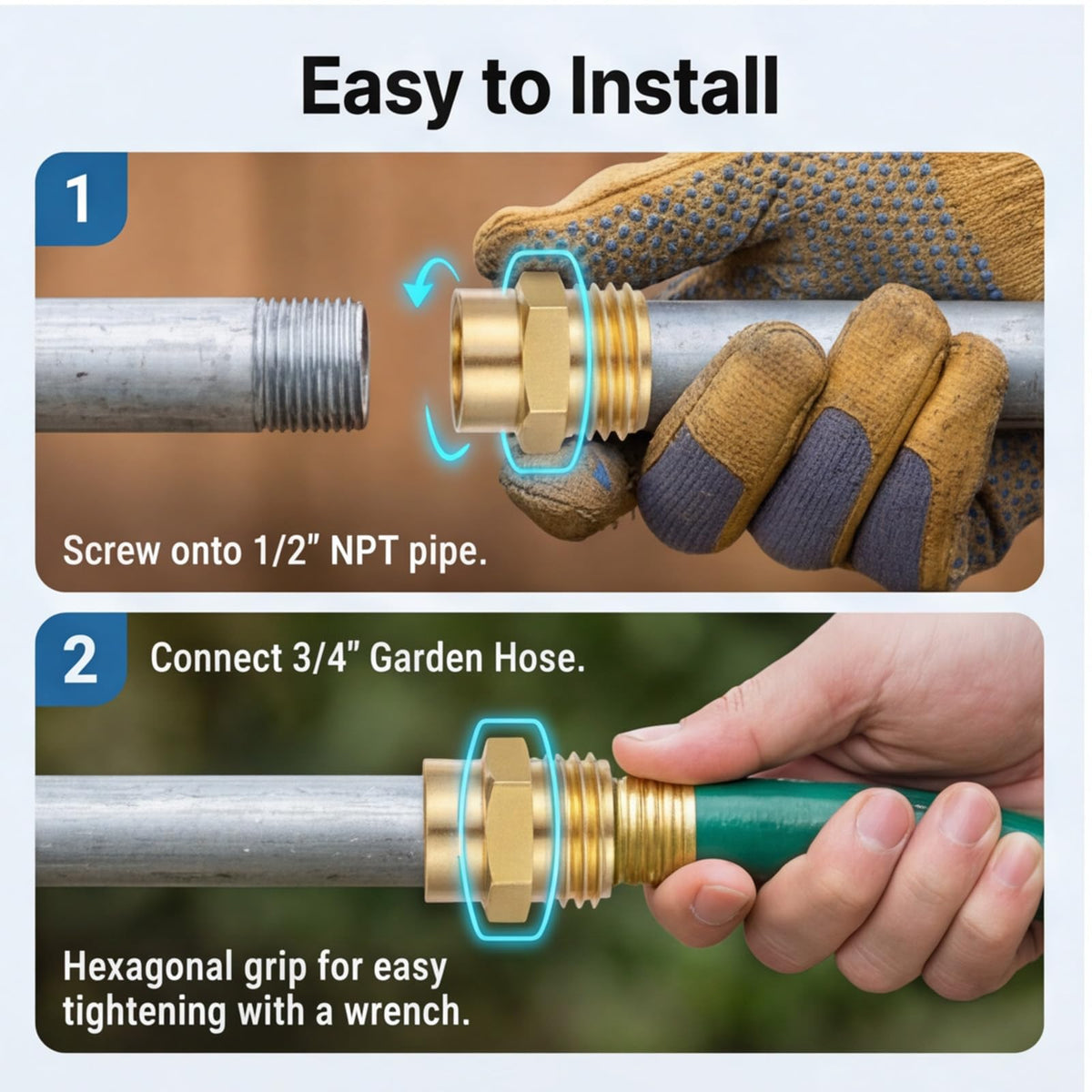 Easy threading shown for quick, tool-free hose setup.