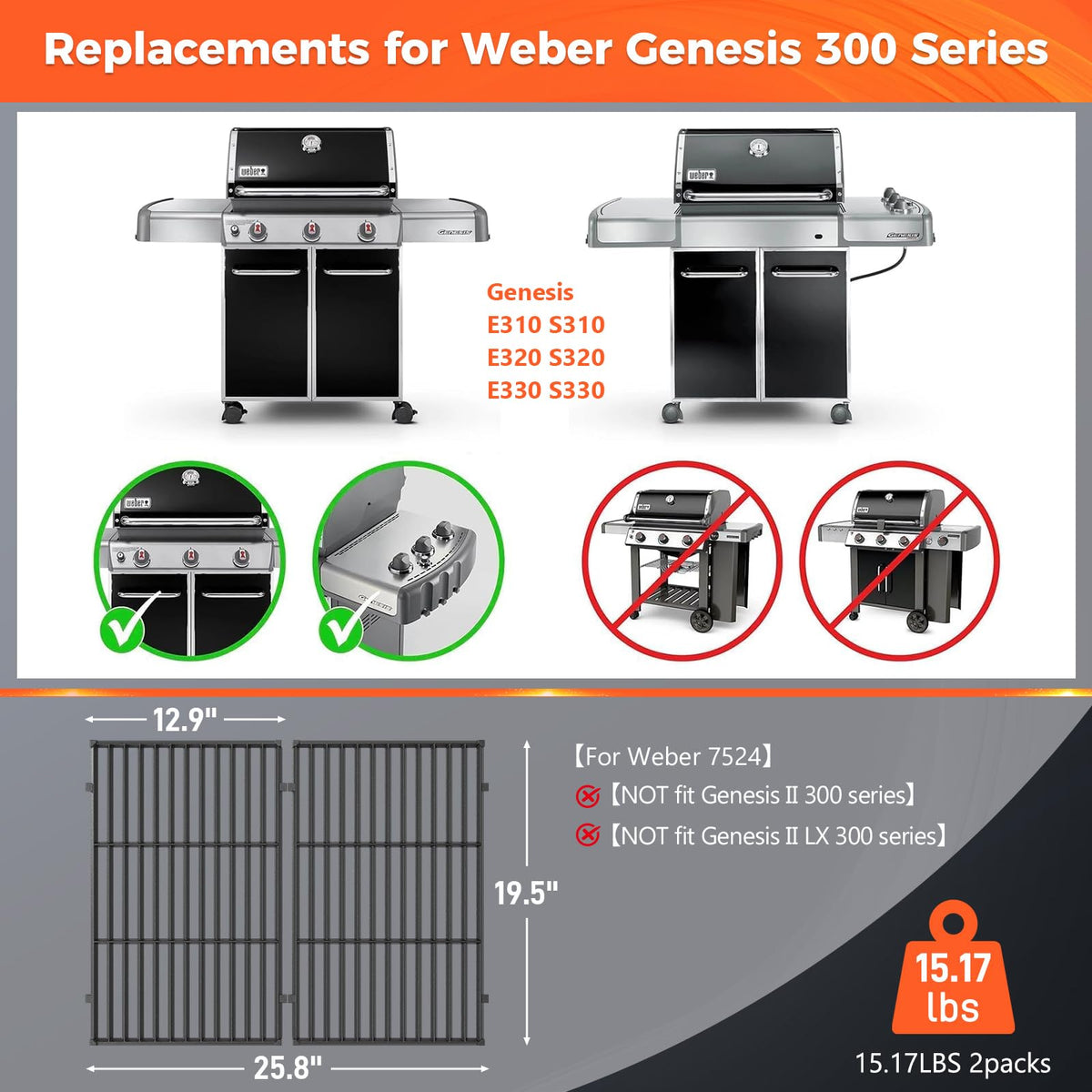 QuliMetal cast-iron grate for Genesis 300 series emphasizes durability and long life.