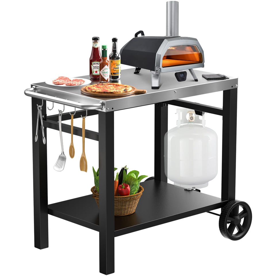 QuliMetal double-shelves grill cart shown outdoors for mobile cooking setup