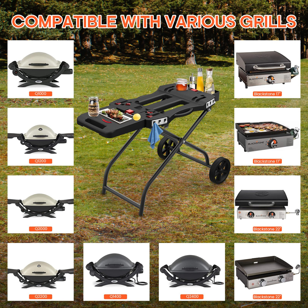 QuliMetal foldable grill cart with X-frame design for stable travel.