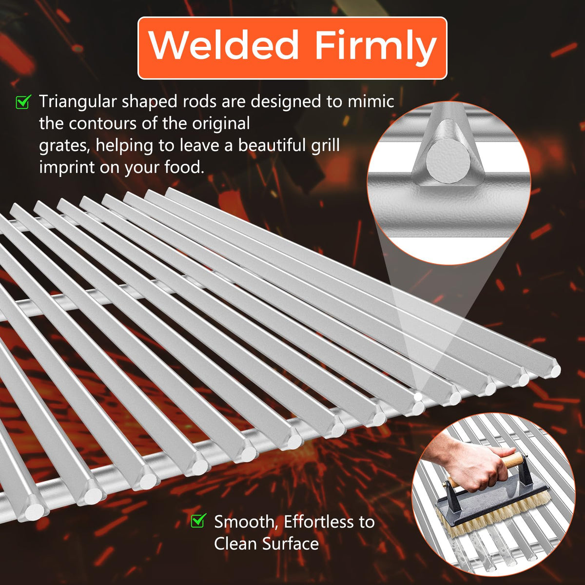 QuliMetal Genesis 300 triangular-rod welds close-up for enhanced grill marks and reduced drop-through.