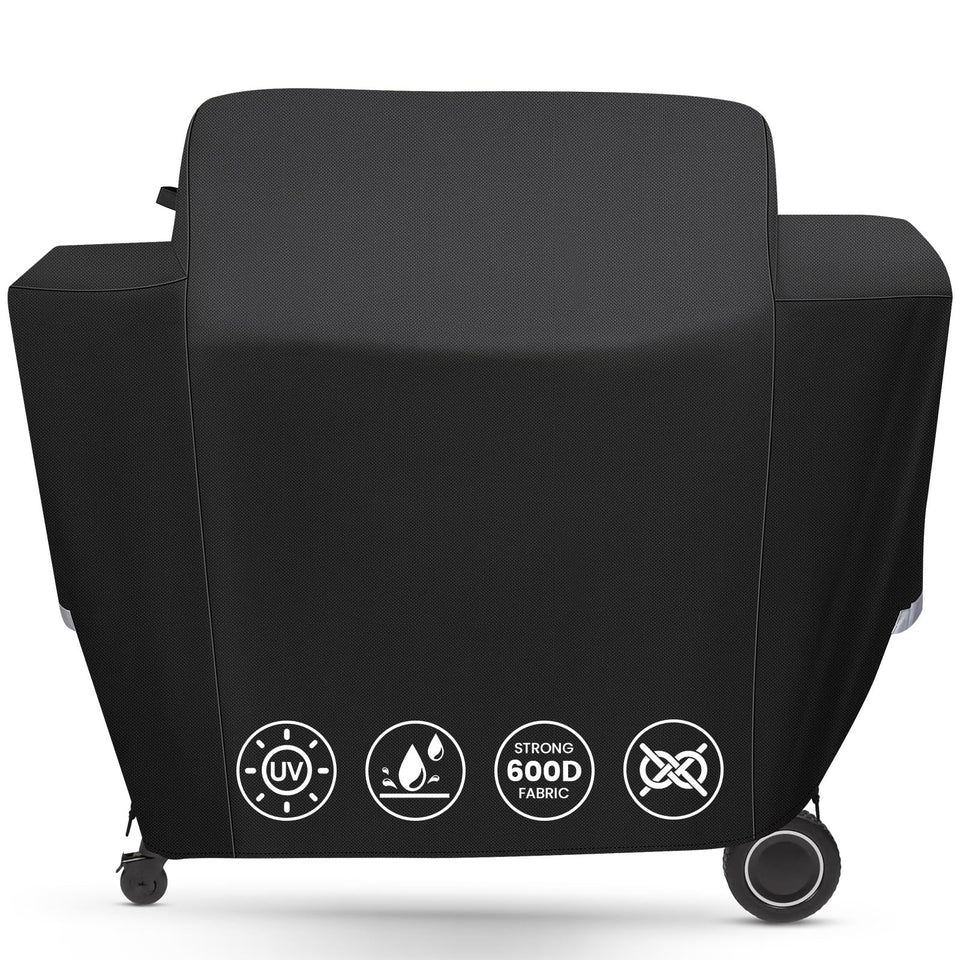 QuliMetal grill cover on Traeger Ironwood 885, full-length protection against rain and sun