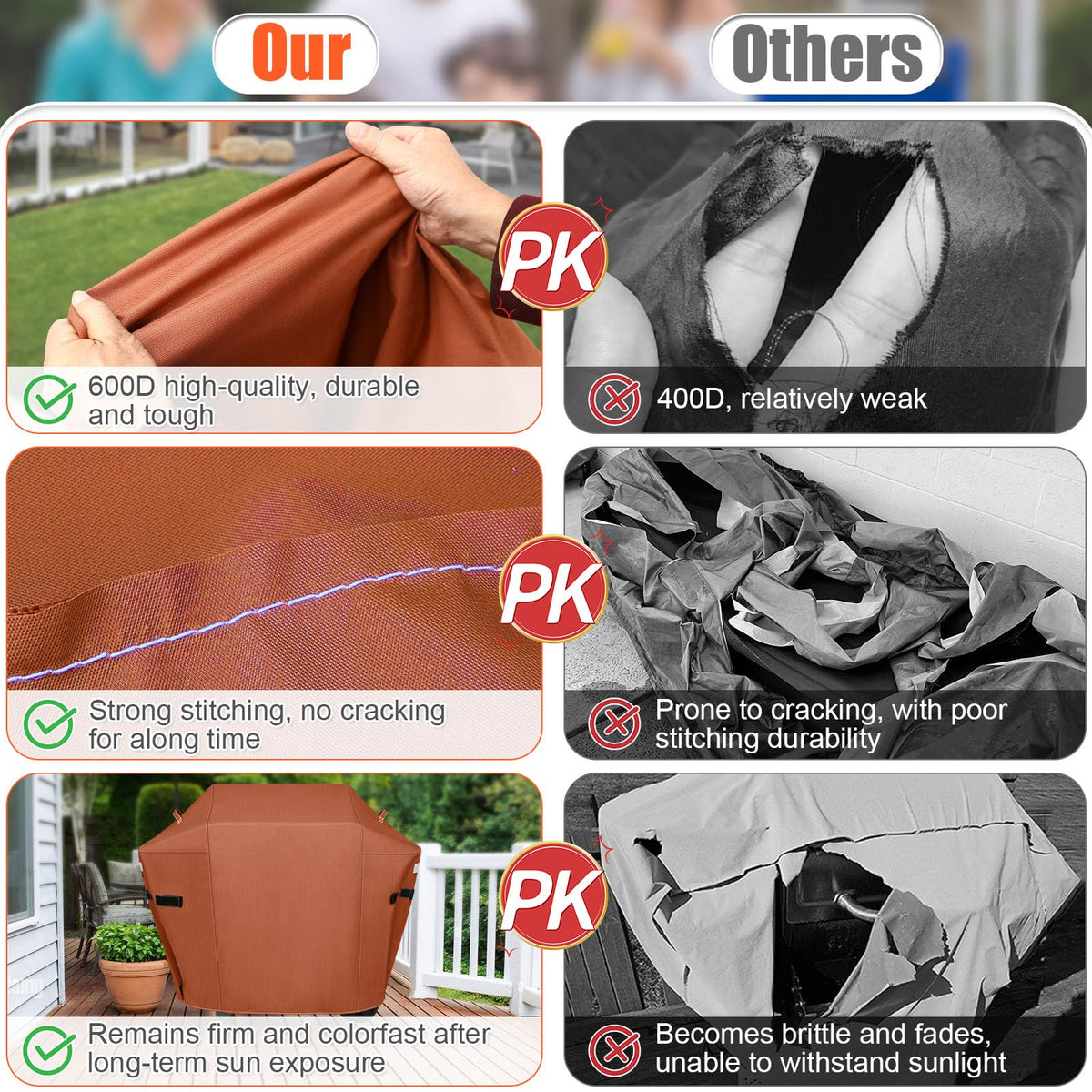 Side handles on the grill cover enable easy installation and removal