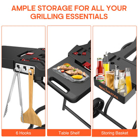 QuliMetal grill cart includes hooks and paper towel holder for convenience.