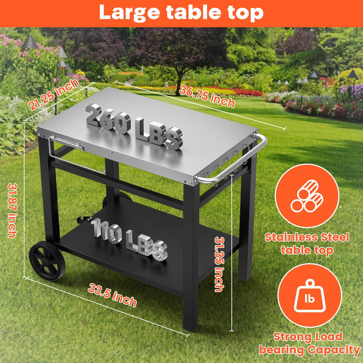 QuliMetal stainless steel flattop cart with durable, anti-rust finish