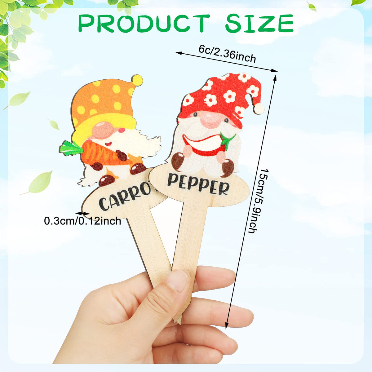 Qunclay gnome marker with fruit labels to identify harvest-ready plants