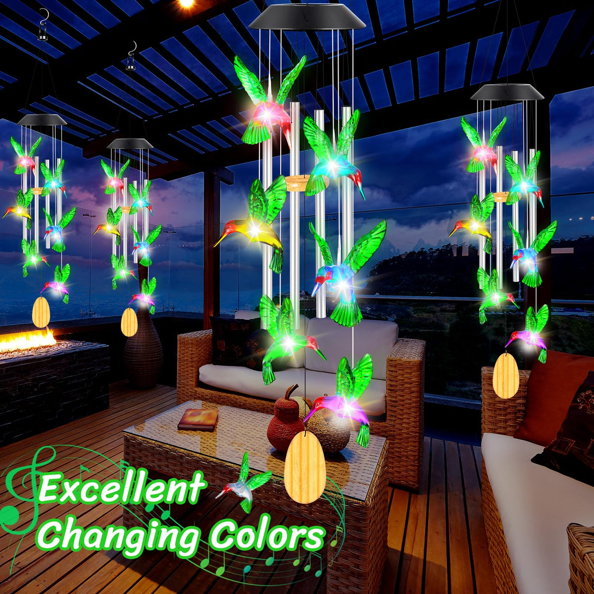 QUNPON hummingbird wind chime indoors creates romantic ambience.