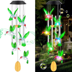 QUNPON hummingbird wind chime with solar lights for vibrant nighttime outdoor decor.