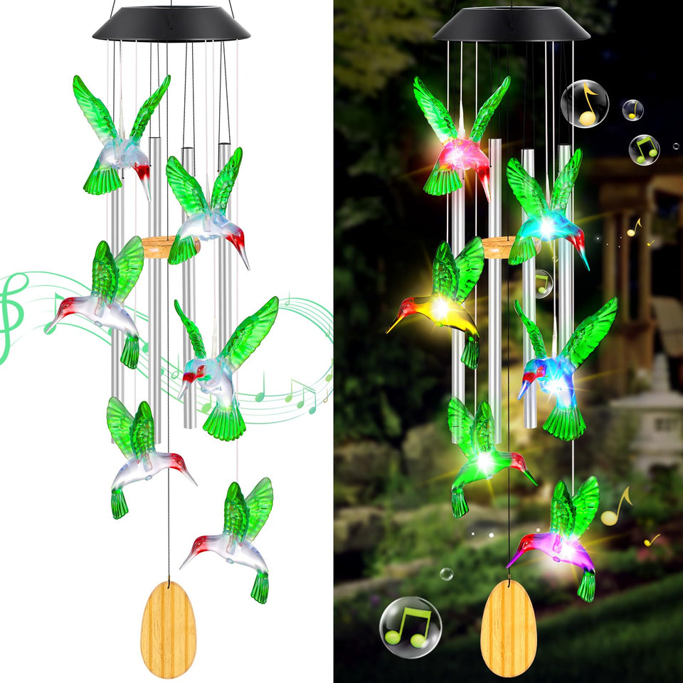 QUNPON hummingbird wind chime with solar lights for vibrant nighttime outdoor decor.