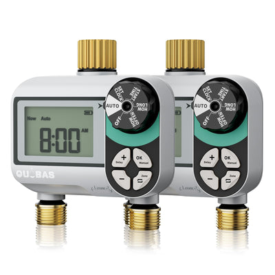 QUOBAS Brass Sprinkler Timer close-up shows durable brass connections for leak-proof outdoor watering.