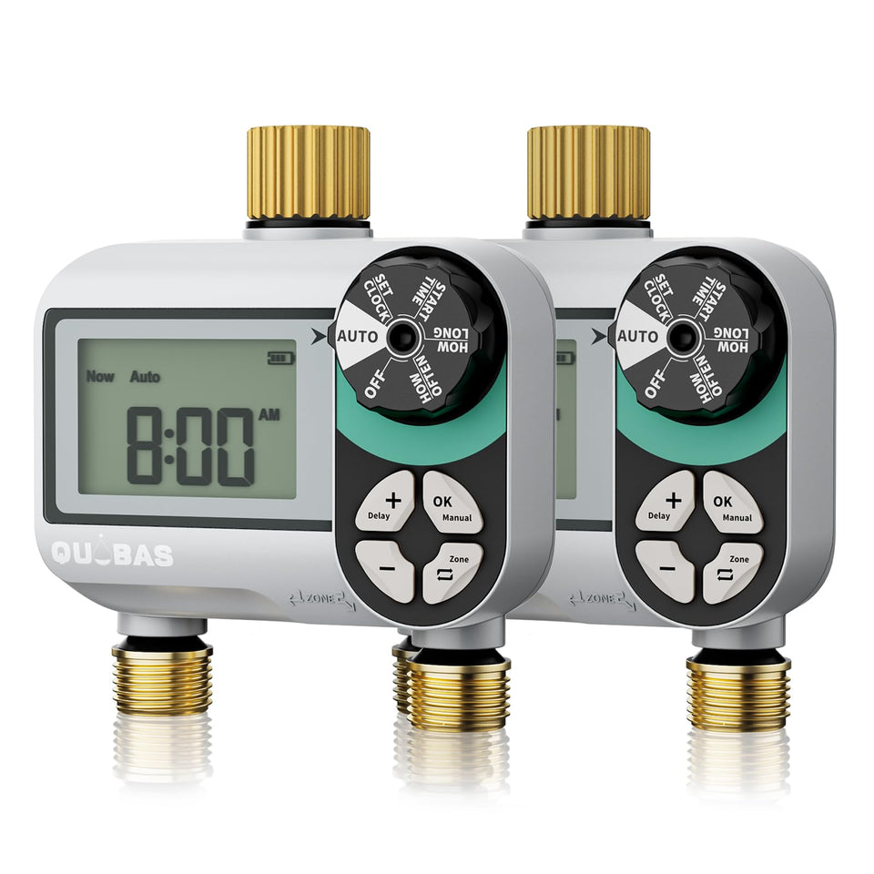 QUOBAS Brass Sprinkler Timer close-up shows durable brass connections for leak-proof outdoor watering.
