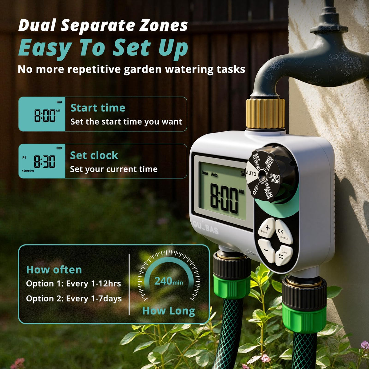 QUOBAS Brass Sprinkler Timer LCD display enables simple programming and monitoring.
