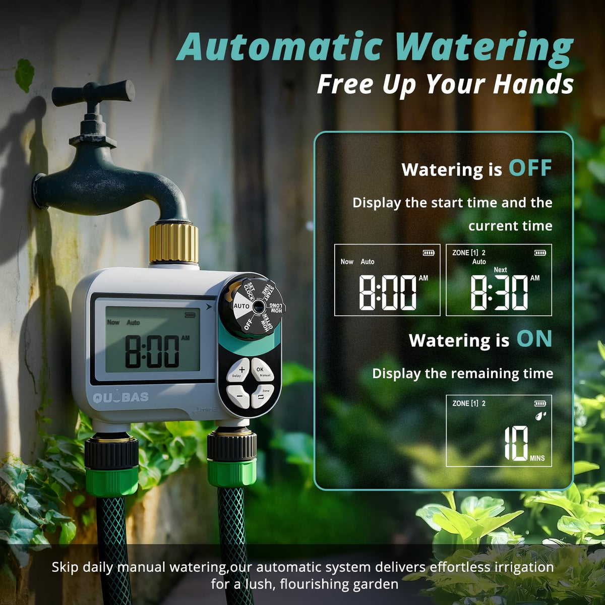 QUOBAS timer rain delay feature helps save water during wet weather.