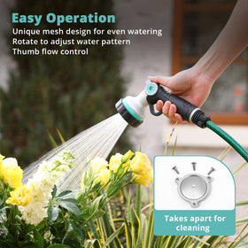 QUOBAS nozzle showing jet, mist, flat, cone, soaker, and shower patterns for multiple uses.