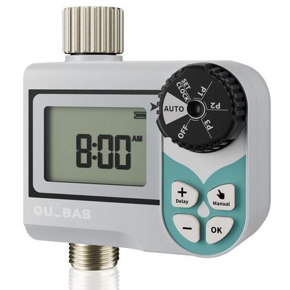 QUOBAS low pressure timer front view showing control panel for rain barrel irrigation