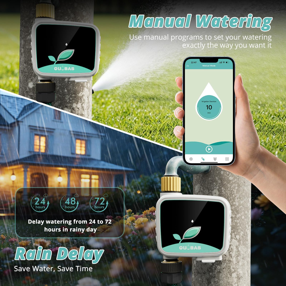 QUOBAS manual watering mode for on-demand irrigation