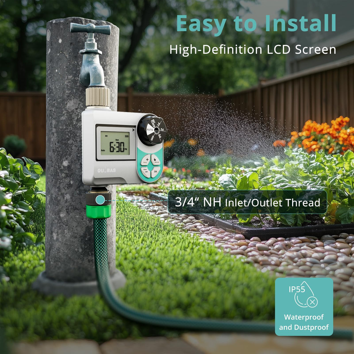 QUOBAS Sprinkler Timer automatic watering modes enable flexible routines.