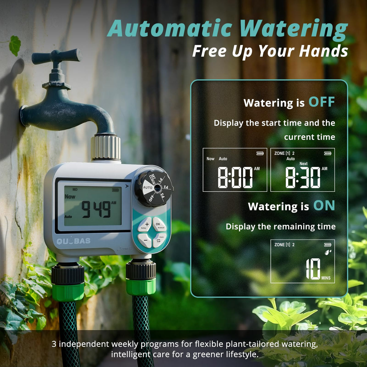 QUOBAS sprinkler timer easy-set programming for weekly irrigation planning.