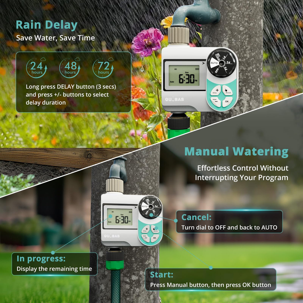 QUOBAS Sprinkler Timer high-pressure compatibility supports various setups.
