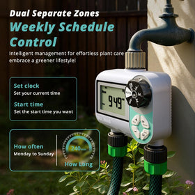 QUOBAS sprinkler timer metal inlet and outlet for leak-proof hose connections.