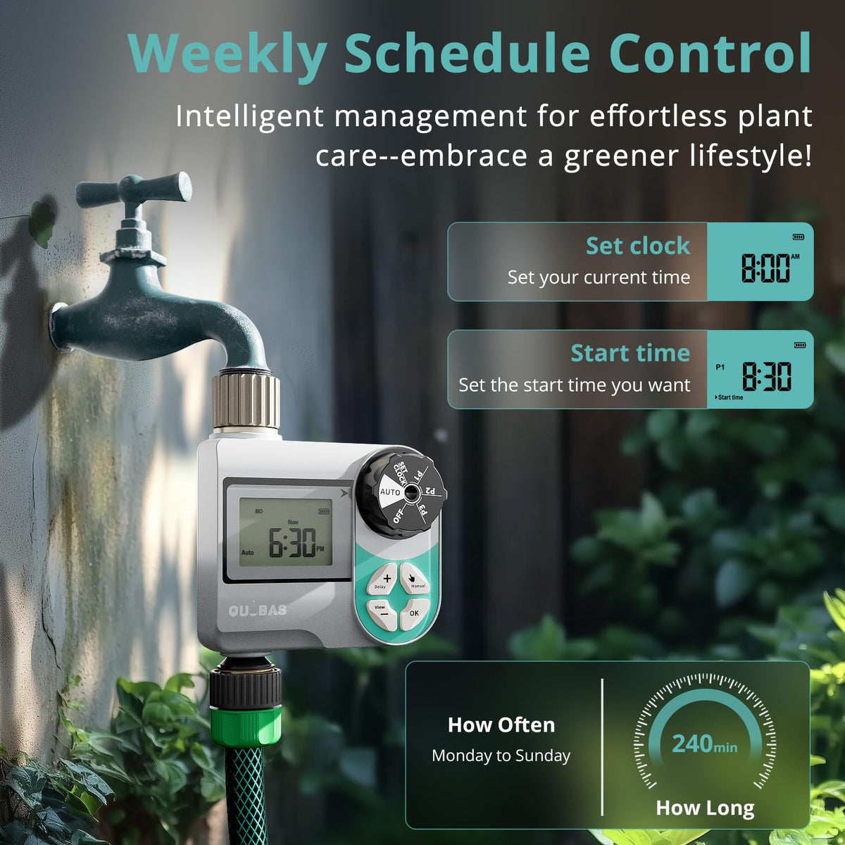 QUOBAS Sprinkler Timer programming dial simplifies scheduling for lawn and garden.