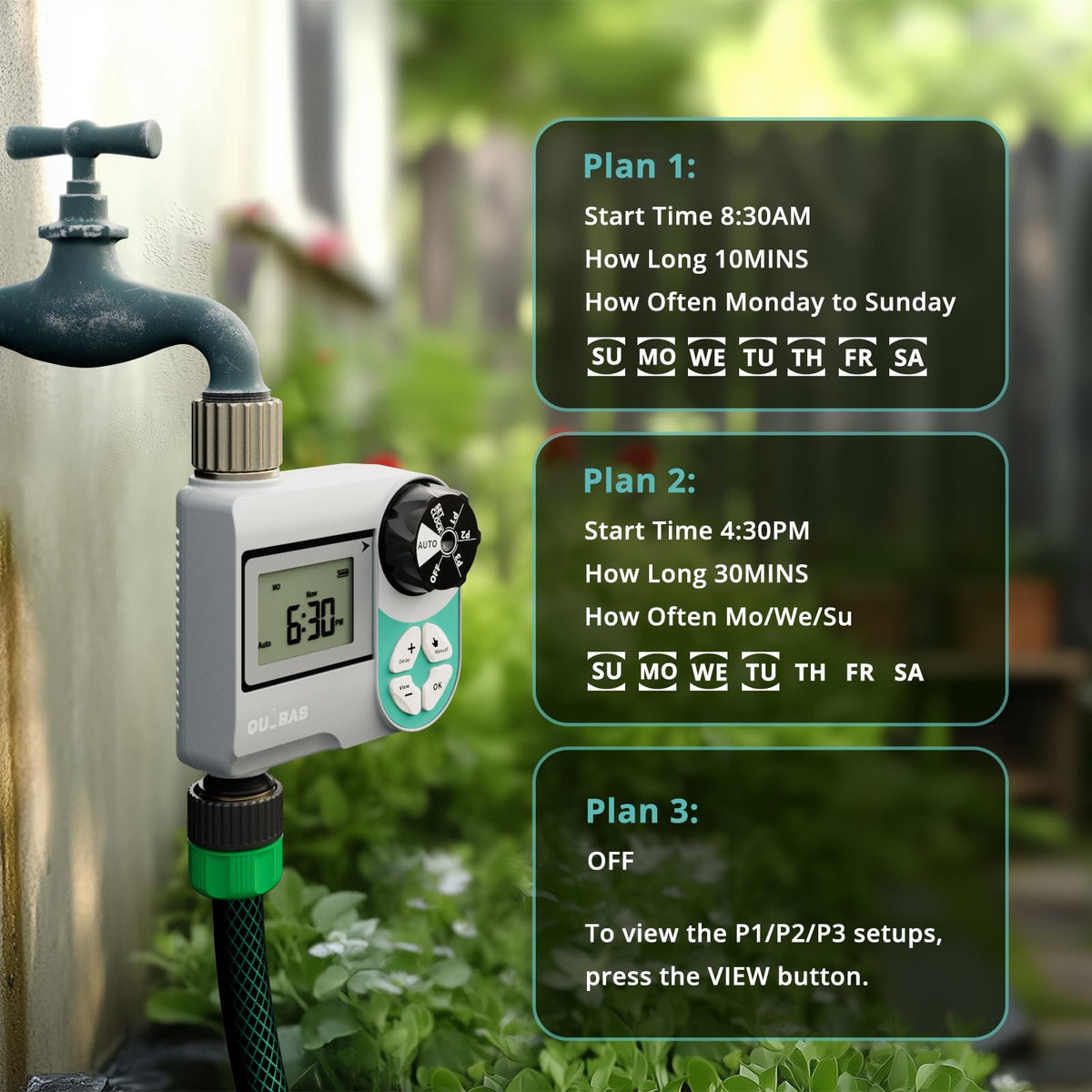 QUOBAS Sprinkler Timer rain delay helps conserve water on wet days.