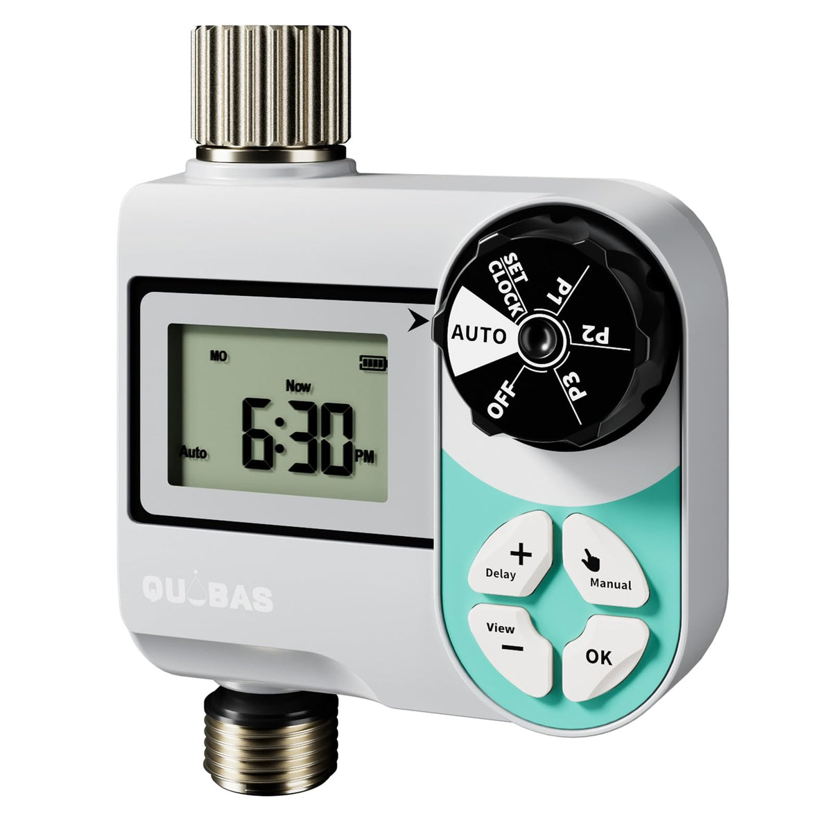 QUOBAS Sprinkler Timer with waterproof LCD display for quick status checks during watering.